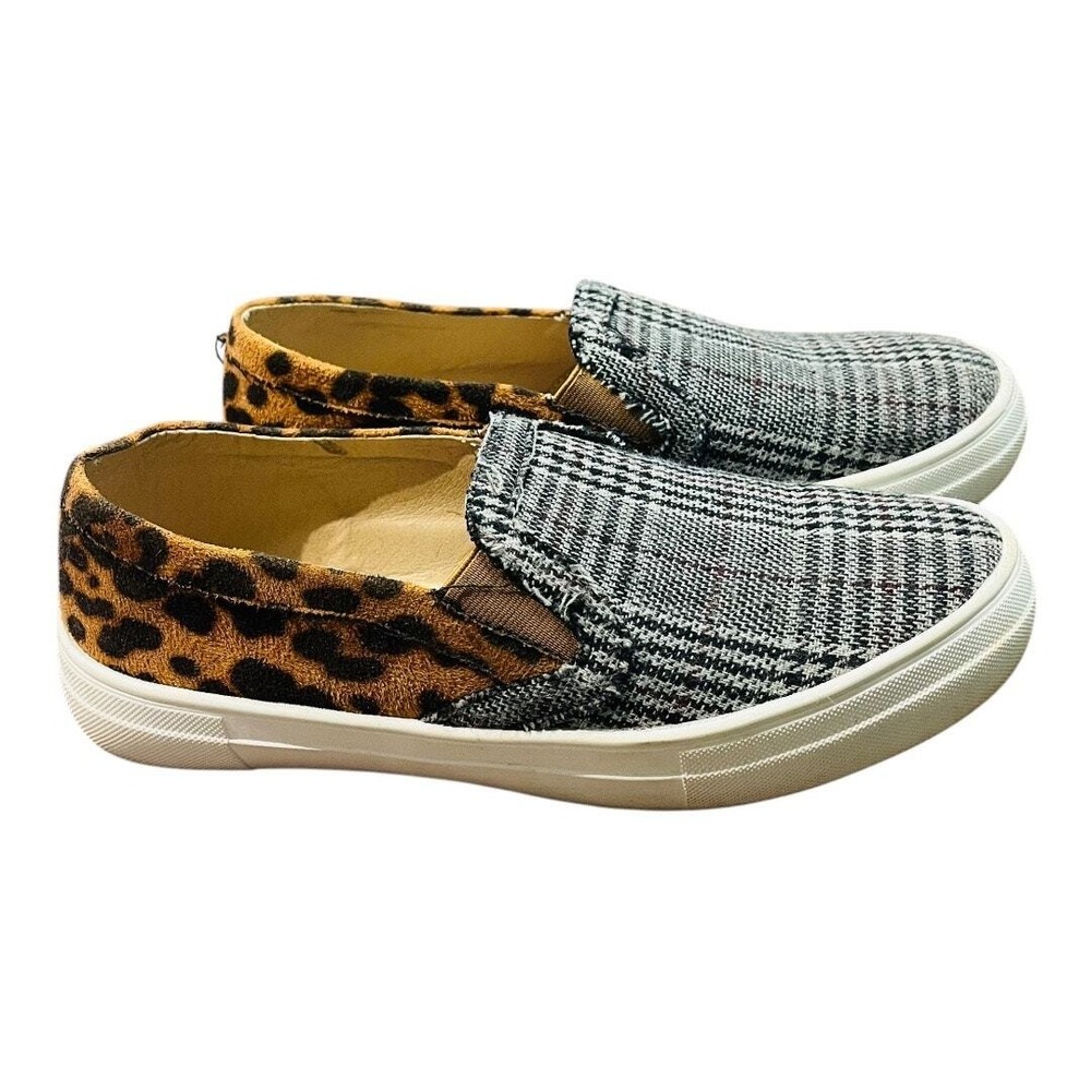 Mata Slip On Sneakers Womens 7.5 Plaid Leopard Print Mixed Media Low Top Shoes